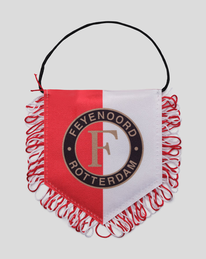Feyenoord banner scarf with red white panels and fringed edges hanging from a black cord