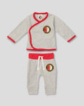 Grey two piece baby outfit with red trim and Feyenoord logo patches on top and pants