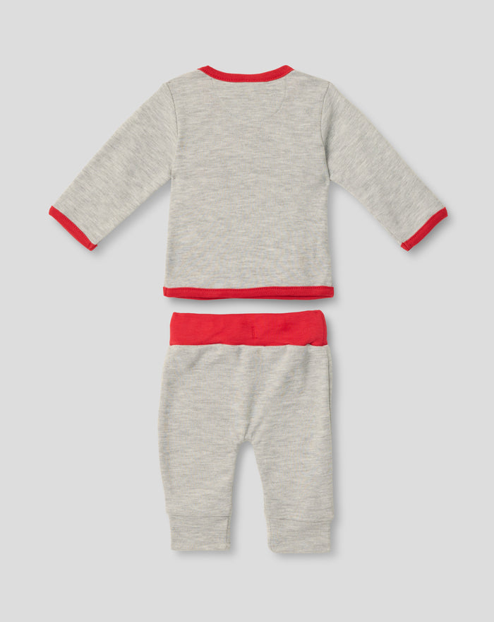 Kledingset voor baby in grijs melange met rode halsboord en mouwboorden en bijpassende rode broek