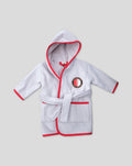 White baby bathrobe with red trim and hood featuring a Feyenoord badge.