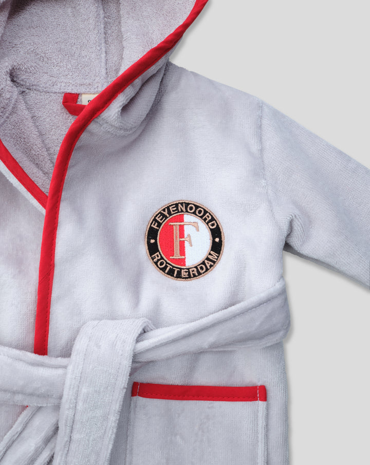 Badjas baby in grijs met rode rand en Feyenoord badge op borst maat 0-6 maanden