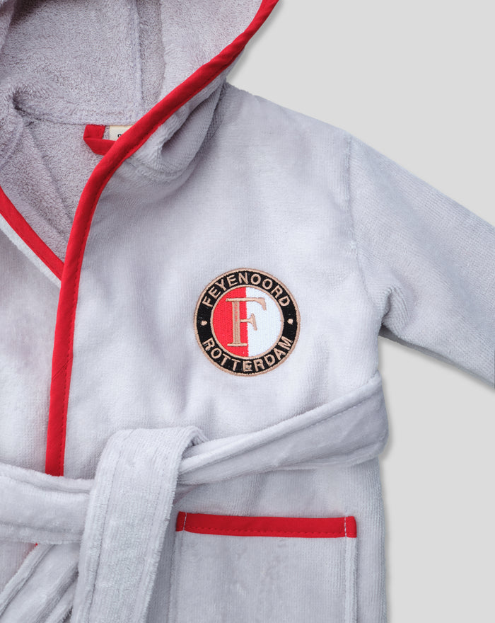 Badjas baby in grijs met rode rand en Feyenoord badge op borst maat 0-6 maanden