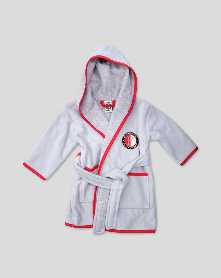 Grey baby robe with red trim and a Feyenoord Rotterdam badge on the chest
