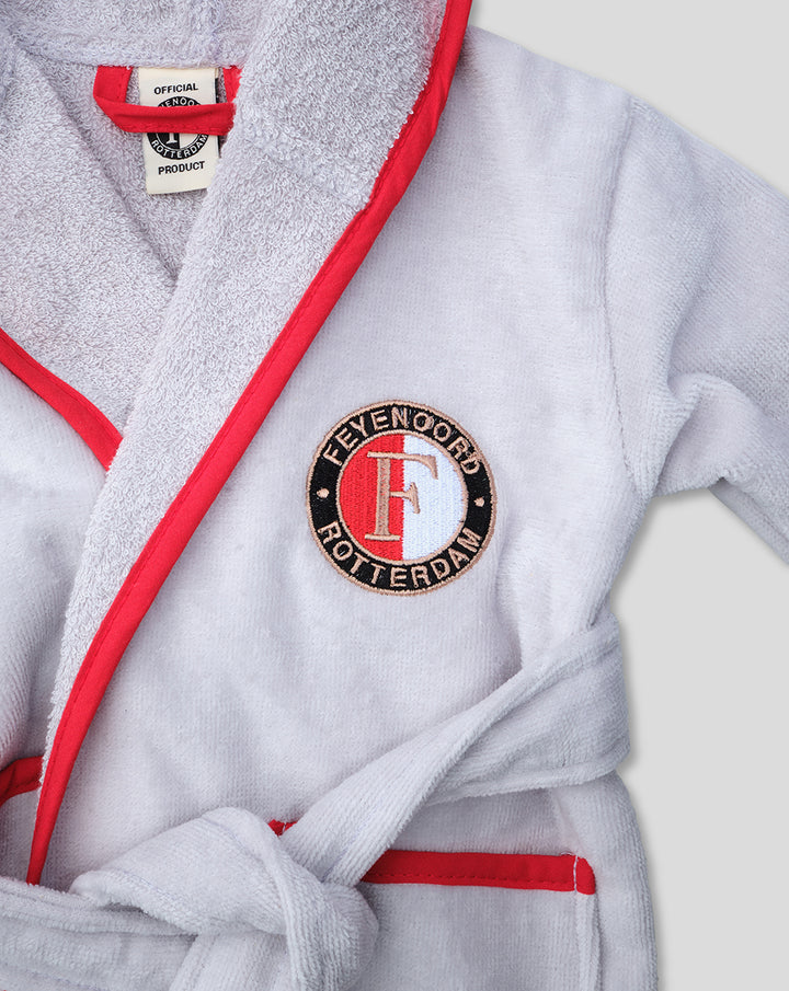Light grey baby bathrobe with red piping and a Feyenoord Rotterdam emblem on the chest