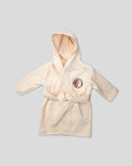 Beige baby bathrobe with hood belt and a Feyenoord Rotterdam logo on the chest