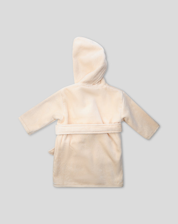 Back view of a beige baby bathrobe with a hood and a tied belt.