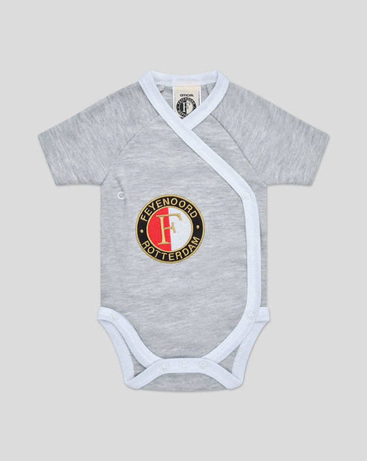 Gray baby romper featuring the Feyenoord circular logo on the chest