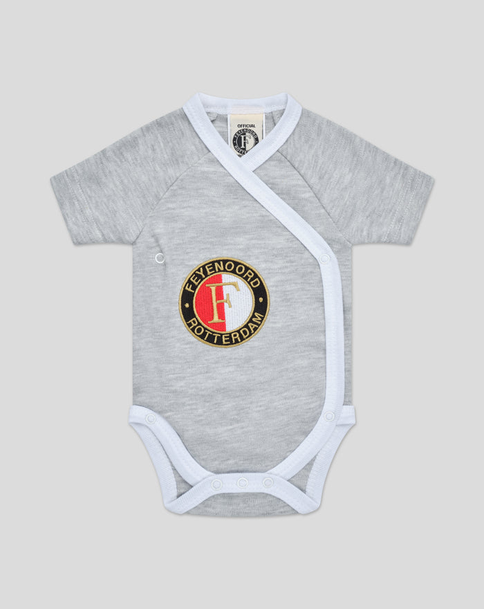 Gray baby romper featuring the Feyenoord circular logo on the chest