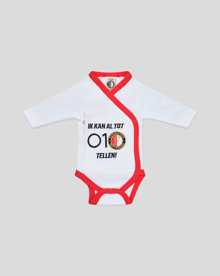 White baby romper with red wrap trim and a Feyenoord badge
