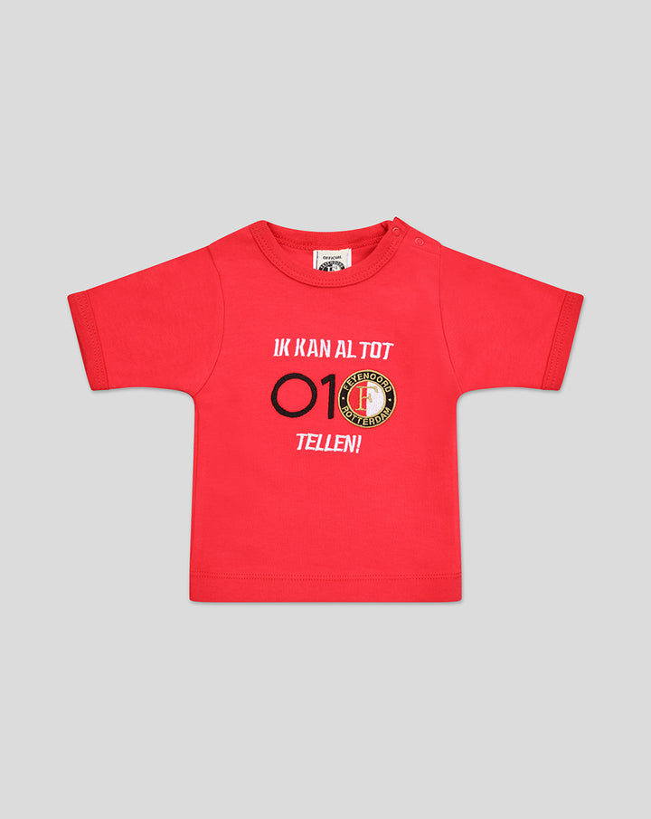 Red baby T shirt featuring Ik kan al tot tellen text and a Feyenoord badge.