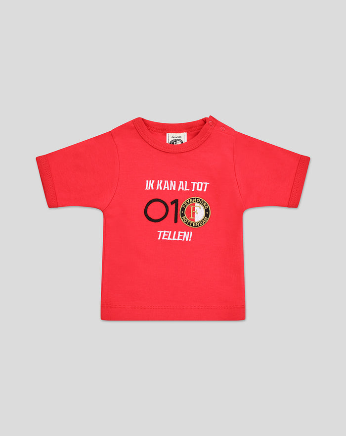 Red baby T shirt featuring Ik kan al tot tellen text and a Feyenoord badge.