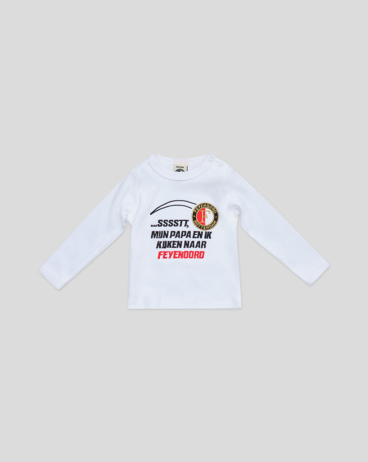 Wit baby T shirt met Feyenoord badge en tekst op de voorkant