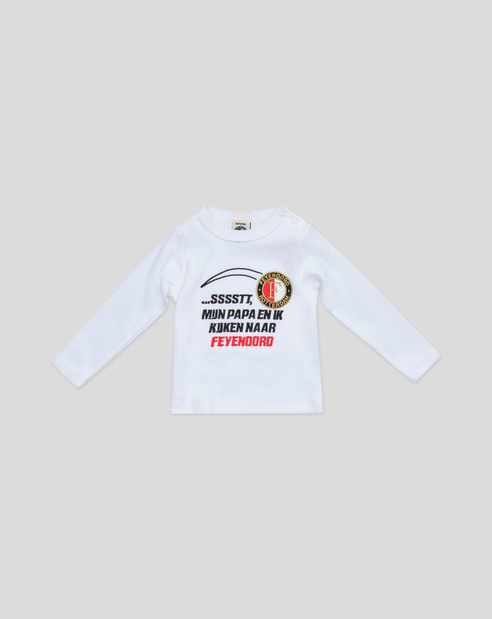 Wit baby T shirt met Feyenoord badge en tekst op de voorkant
