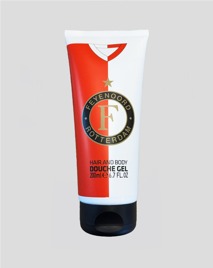 Feyenoord hair and body douche gel tube in red and white split design with club crest
