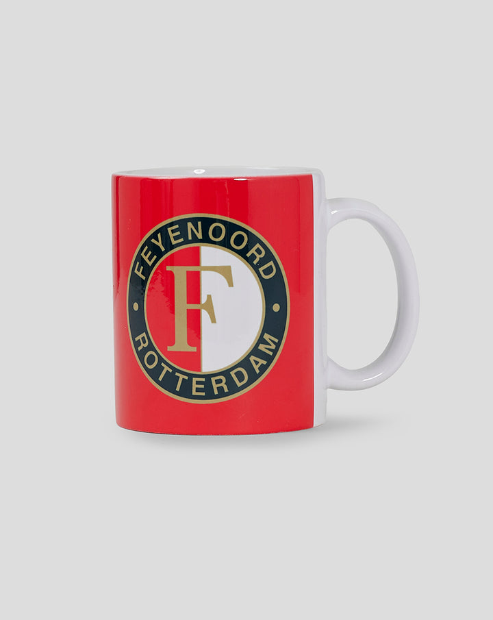 Side view of a Feyenoord mug with red and white panels and club crest.