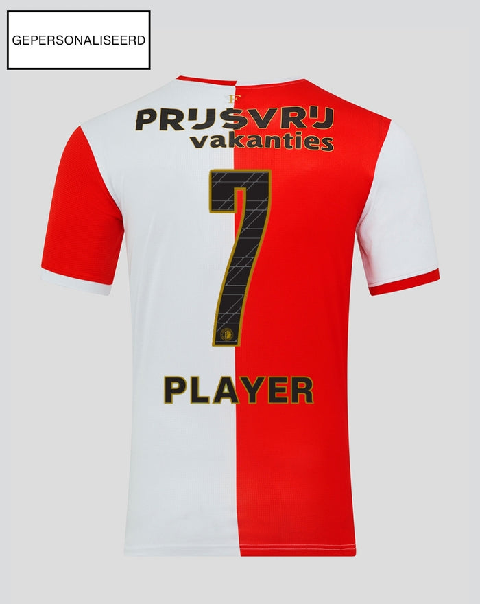 Back view of a white and red Feyenoord shirt with a large number seven and the word PLAYER.