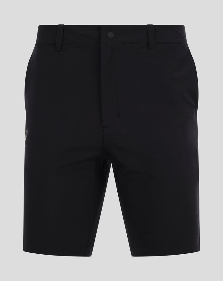 Front view close up of FEYENOORD golf shorts waistband with belt loops and center button on black fabric