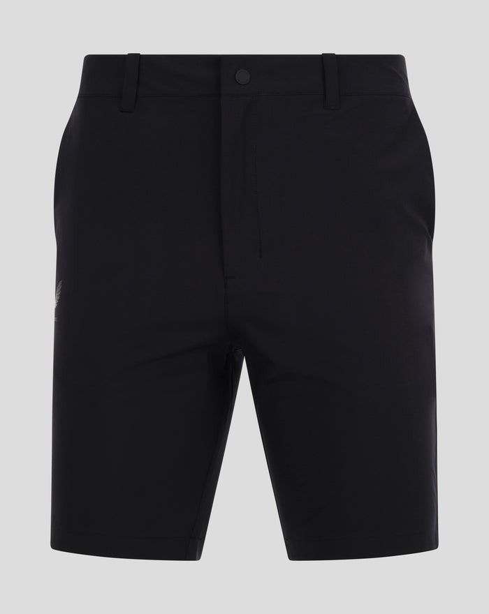 Front view close up of FEYENOORD golf shorts waistband with belt loops and center button on black fabric