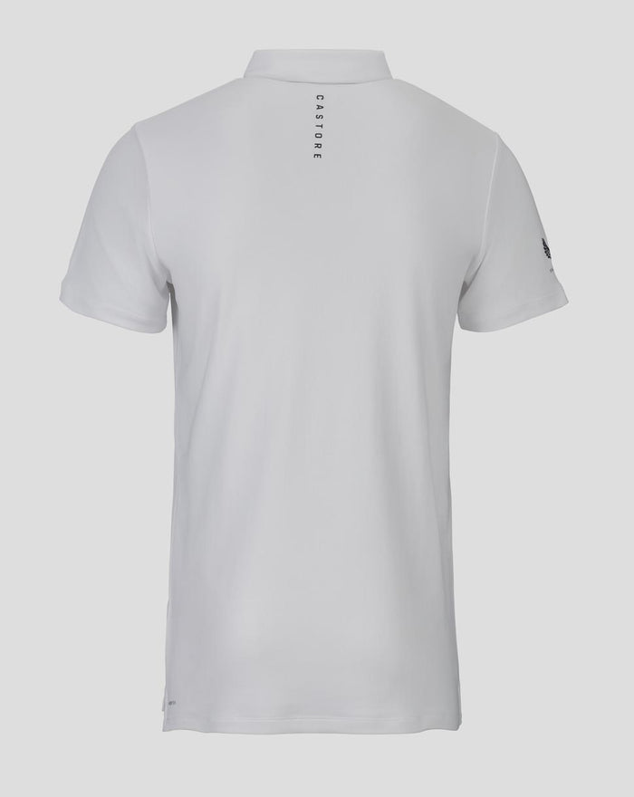 Back view of white Feyenoord Essentials polo shirt for men with Castore branding along the upper back