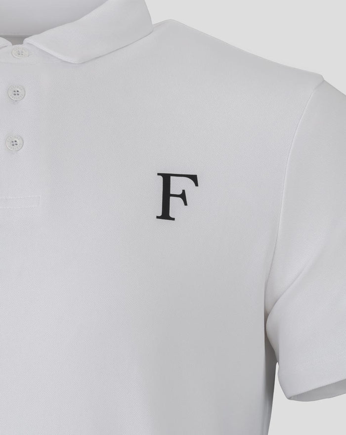White Feyenoord Essentials polo shirt for men with a bold F emblem on the left chest