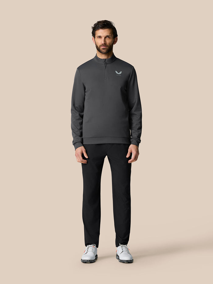 Male model wearing gunmetal Golf Club Classic long sleeve top with stand collar and quarter zip, logo on left chest