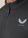 Front close up of a dark golf top with a vertical zipper and Castore logo on the chest