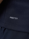 Close up of navy ProTek fabric on the Club Halve Rits Gilet with water droplets and ProTek branding
