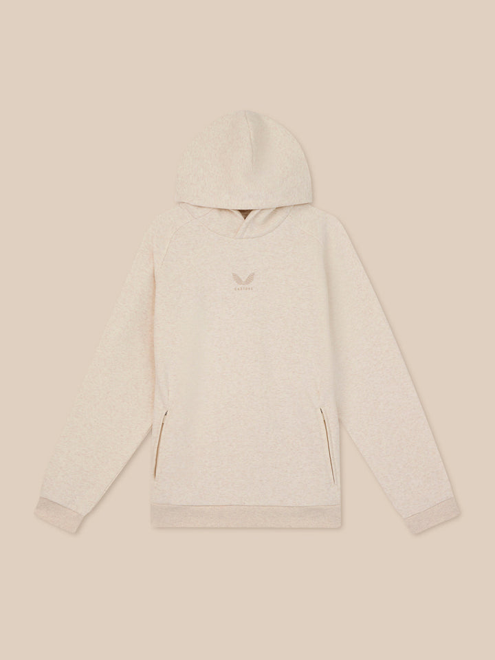 Beige Castore fleece hoodie with a small chest logo and a hooded collar, front view.