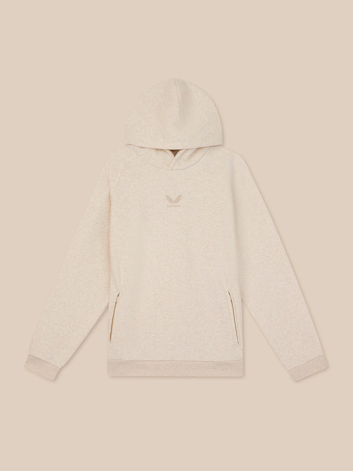 Beige Castore fleece hoodie with a small chest logo and a hooded collar, front view.