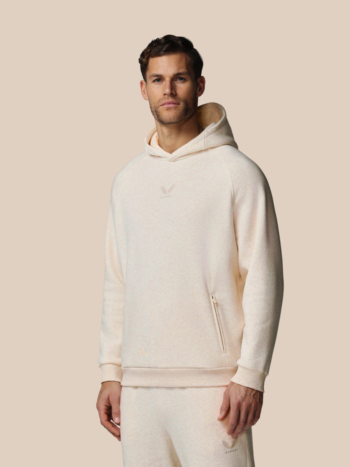 Beige Adapt Cotton Fleece Hoodie with chest logo and a wraparound hood