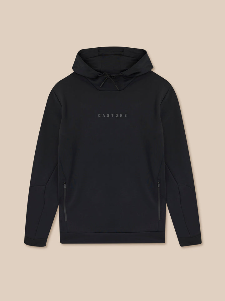 Front view of the black Castore Flex hoodie with hood up and a centered Castore logo on the chest.