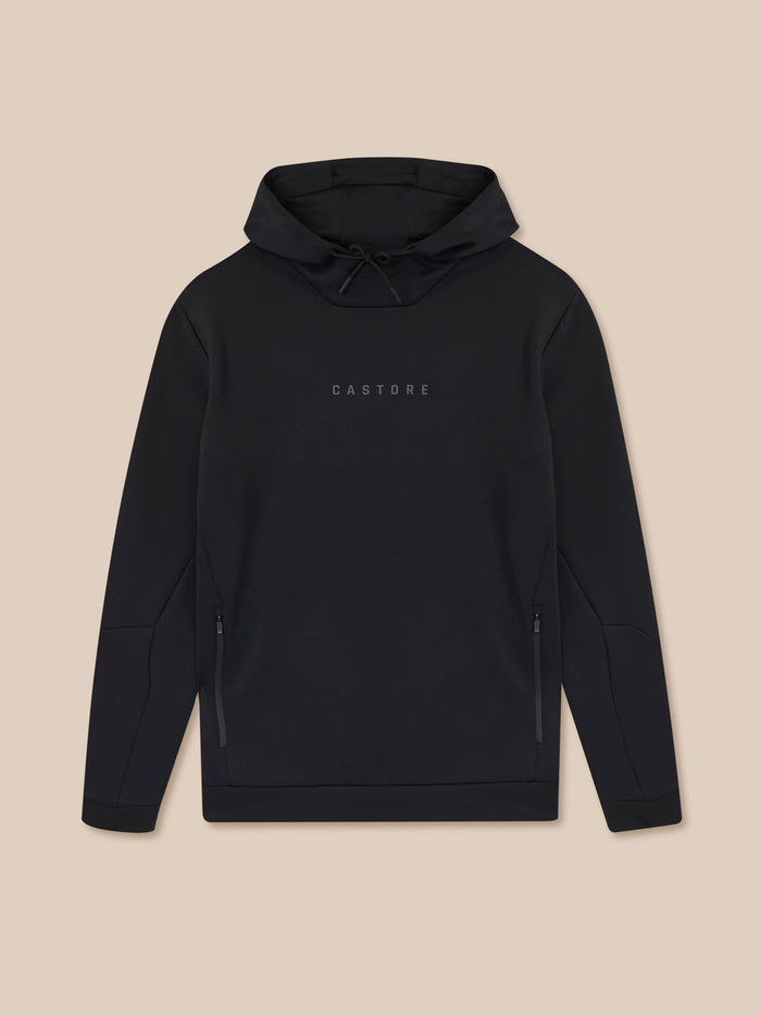 Front view of the black Castore Flex hoodie with hood up and a centered Castore logo on the chest.