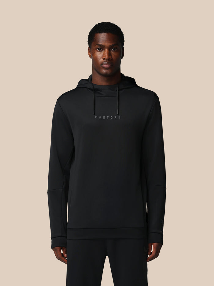 Black Flex Long Sleeve Hoodie with centered Castore logo and three piece adjustable hood
