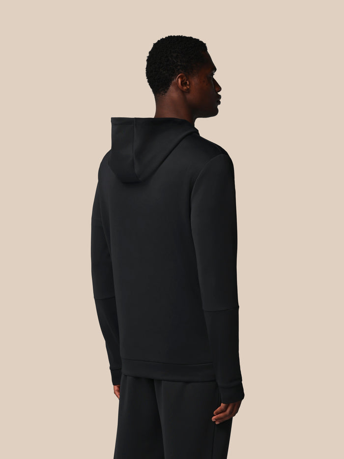 Back view of black Flex long sleeve hoodie with hood and subtle branding
