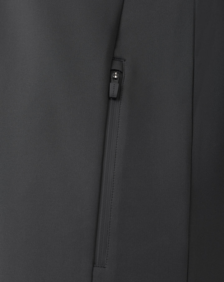 Detail of the branded quarter zip on the gunmetal sweatshirt with visible zipper pull and fabric texture.