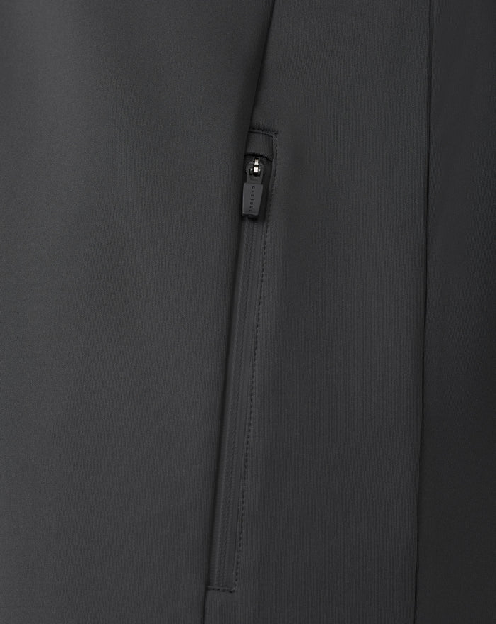 Detail of the branded quarter zip on the gunmetal sweatshirt with visible zipper pull and fabric texture.