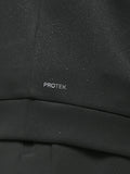 Close up of gunmetal sweatshirt chest with ProTek branding and water droplets on the fabric.