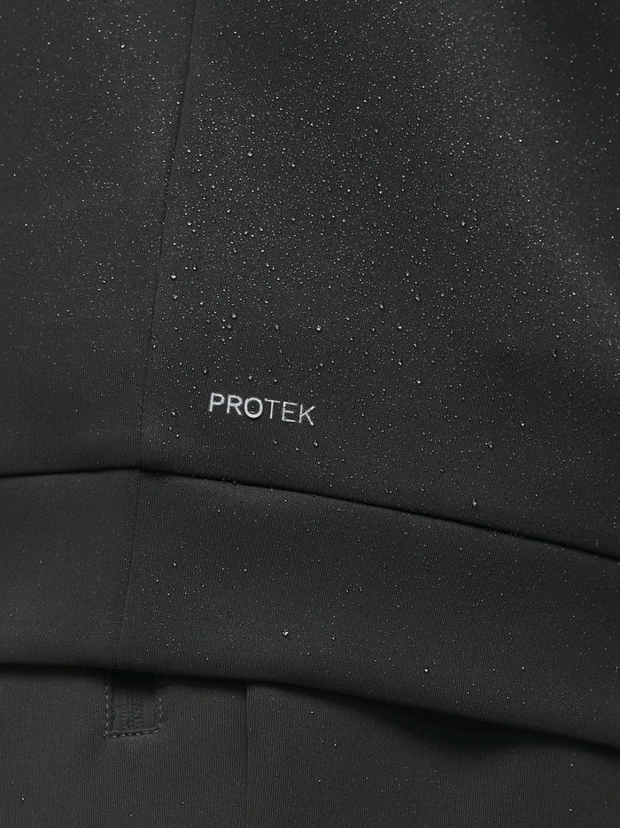 Close up of gunmetal sweatshirt chest with ProTek branding and water droplets on the fabric.