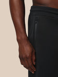 Close up of a black jogger side pocket with a zipper pull