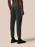 Back view of a man wearing gunmetal Flex Joggers with an elastic waistband and external drawcords