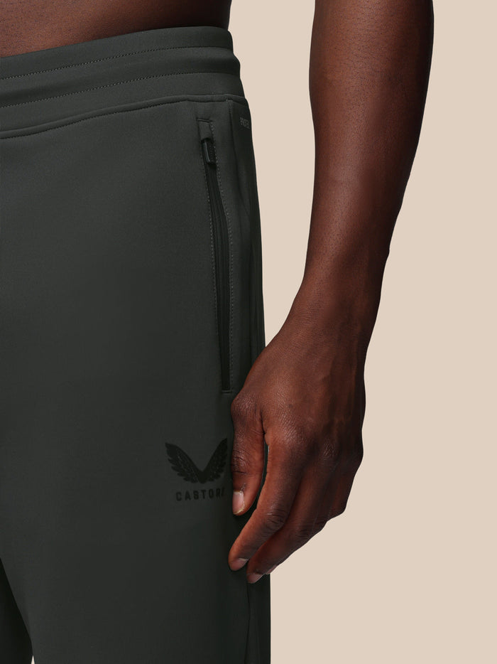 Close-up of dark gunmetal Flex Joggers showing a zip pocket and ProTek branding.