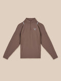 Flat lay of deep taupe Apex Quarter Zip Top with front zipper chest logo and pale blue shoulder accents