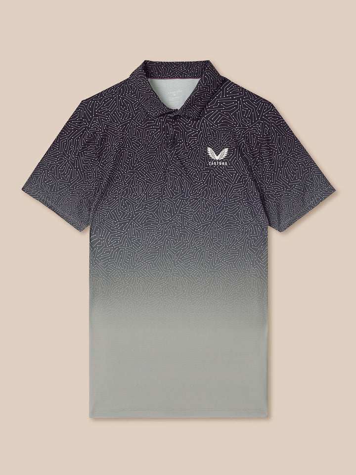 Mens navy golf polo with a white Castore logo on the chest and a gradient pattern from dark to light