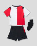 Baby Feyenoord home kit with red white split shirt, black shorts and black socks.