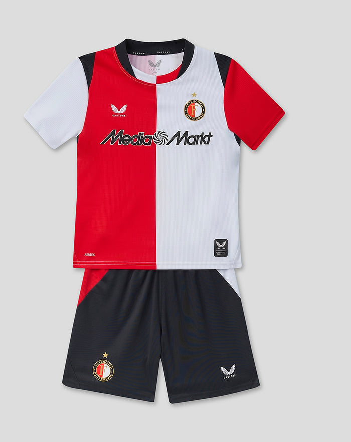 Kids Feyenoord 2026-2027 home kit with red white split shirt and dark shorts with crest