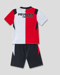 Thuistenue voor kinderen met donkerrode en witte panelen shirt en zwarte korte broek