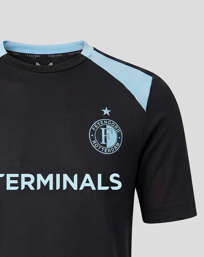 Feyenoord junior training jersey in black with light blue shoulder panels and left chest club crest
