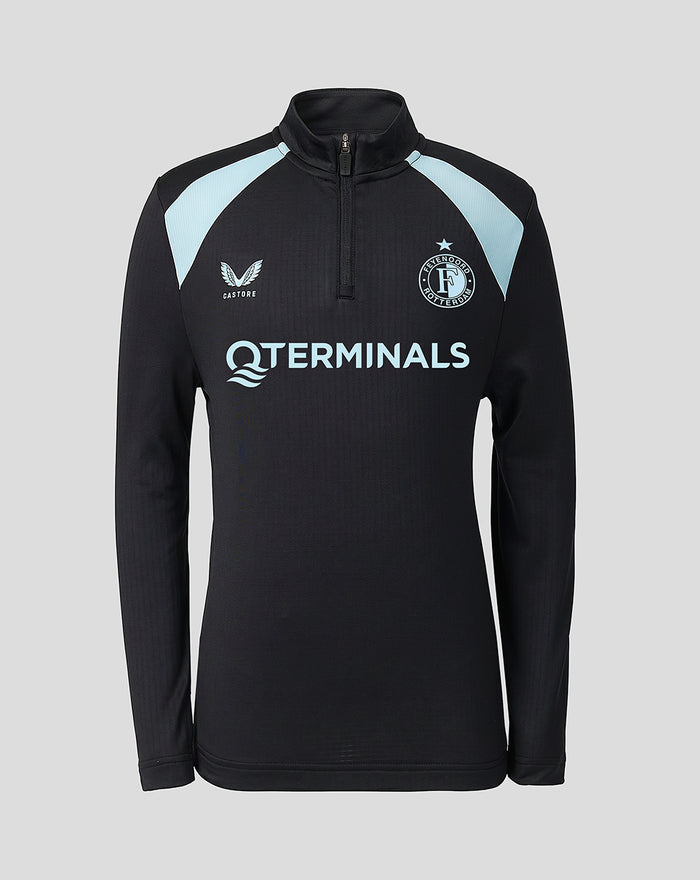 Feyenoord junior training midlayer in black with light blue panels quarter zip and chest logos