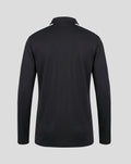 Rear view of a black junior Feyenoord training midlayer jacket with a stand up collar and light blue shoulder panels