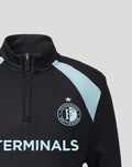 Front view of a black junior Feyenoord training midlayer with a quarter-zip collar light blue shoulder panels and the Feyenoord crest on the left chest